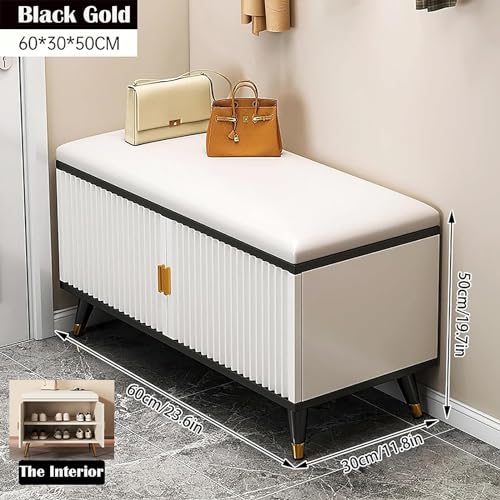 Banc à chaussures d'entrée avec rangement coussin noir et pieds dorés chic