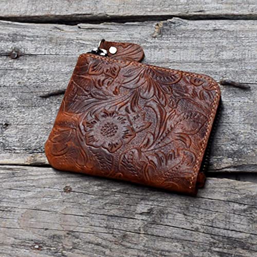 Jjnusa Genuine Leather Zipper Coin Purse Wallet With Key Car Smart Holder, Change Purse, Coin Pouch Holder For Men (Flower Brown) #TOP4