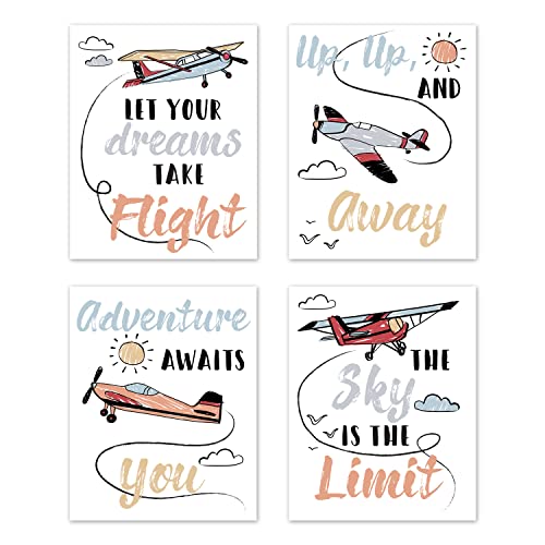 Image of Sweet Jojo Designs Vintage Airplane Wall Art Prints Room Decor for Baby Nursery Kids - Set of 4 - Grey Yellow Orange Red White Blue Airplanes Air Plane Transportation Clouds Sun Sky Aviator Aviation