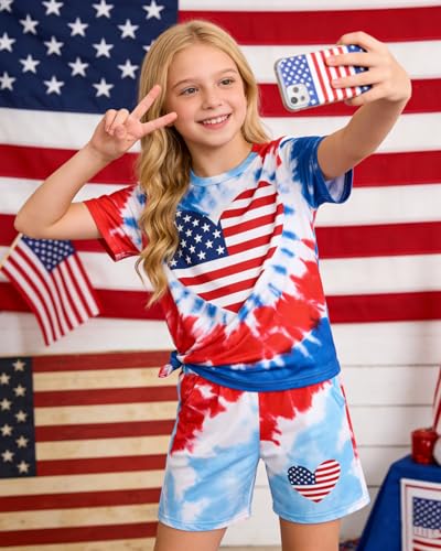 Image of 7-14Y Tween Girl Clothes 2 Piece Short Sleeve Tie Dye Heart Print Top and Shorts Teen Girl Summer Outfits Short Set