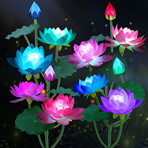 YWYWLED Paquete de 4 luces solares de jardín, luces solares mejoradas de flores de loto, 7 luces solares decorativas que cambian de color, luces solares impermeables para exteriores, decoración de
