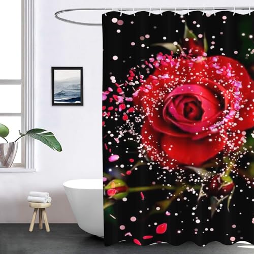 WEQEER Duschvorhang Rosen Blumen Roten Rosen Duschvorhänge 120x200 180x180 Anti-Schimmel Wasserdicht Textil Rote Rosen Duschvorhang Für Badzimmer Mit 12 Haken (1,180 x 200 cm)