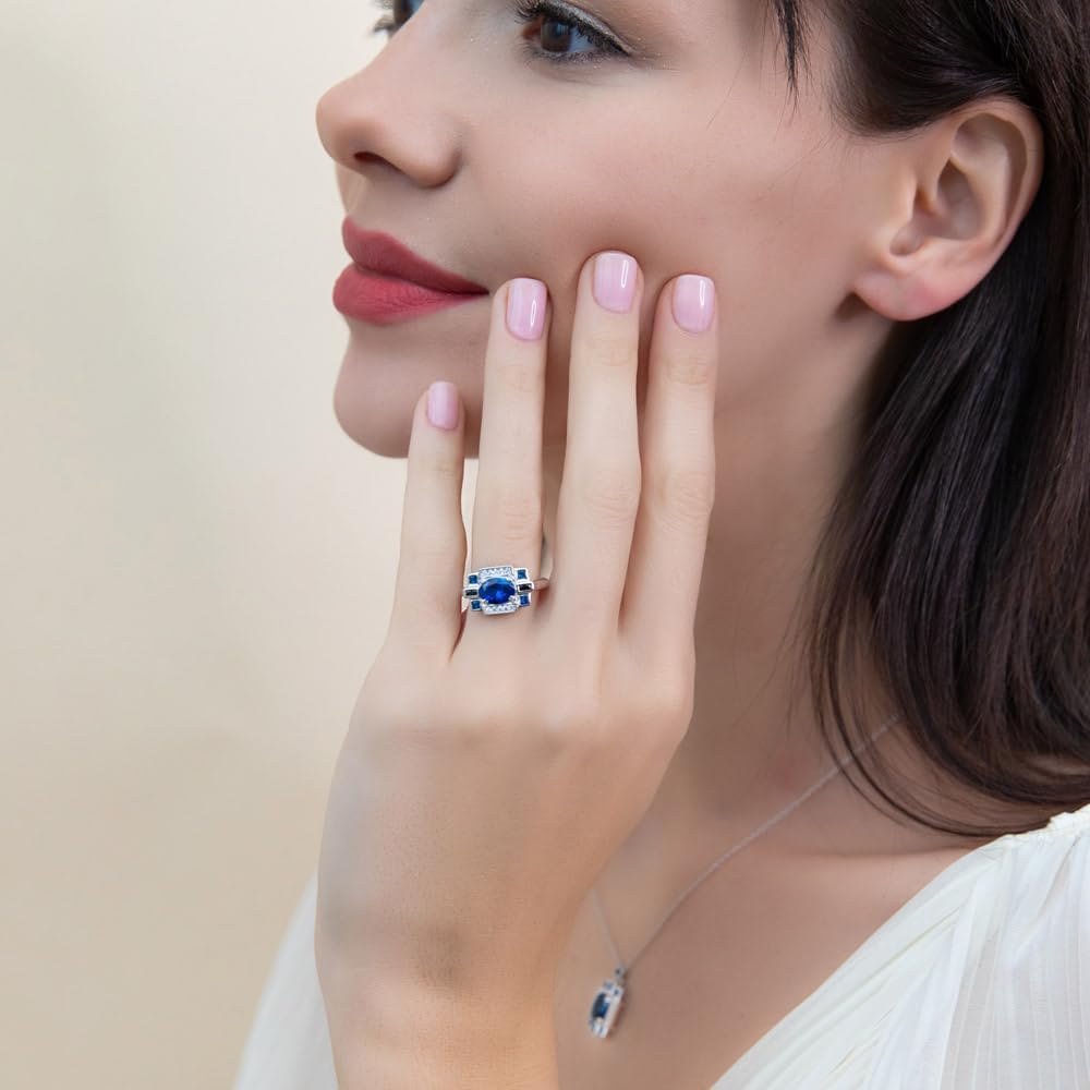 BERRICLE Sterling Silver Art Deco Ring for Women, Sapphire-Blue Cubic Zirconia CZ