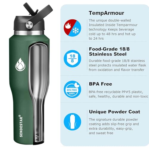 Image of SENDESTAR Water Bottle,Wide Mouth Stainless Steel Vacuum Insulated Double Wall Keep Liquids Cold or Hot All Day,Sweat Proof Sport Design,Fit Car Cup Holder,Dark Green,40 Ounces