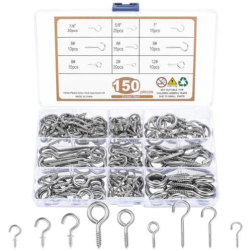 pzihao 150 Pcs Ganchos de Tornillo, Ganchos de Techo de Acero Inoxidable, Hembrillas Cerradas Gancho de Rosca de Ojos Atornillables para Colgar Tazas Llaves Lámparas Decoraciones (Plata)