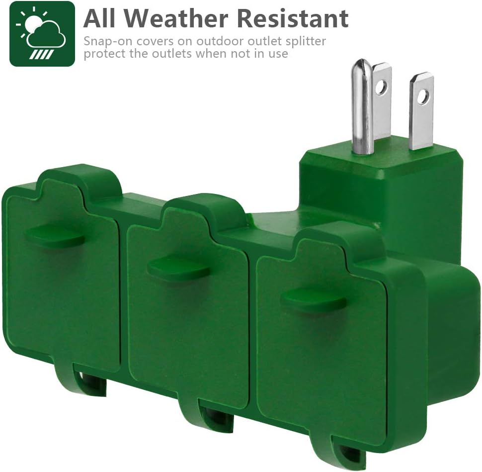 Kasonic 3-Outlet Wall Plug Adapter, Indoor/Outdoor Use, UL Listed, Heavy Duty Multi Outlet Power Extender, Safe Cover and All Weather Resistant for Home, Office, Garage, Patio (Green) (1 PACK)