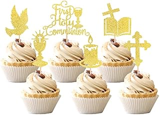 Xsstarmi 36 PCS First Holy Communion Cupcake Toppers Glitter God Bless Dove Cross Cupcake Picks First Communion Cake Decorations for God Christian Baptism Theme Baby Shower Birthday Party Gold