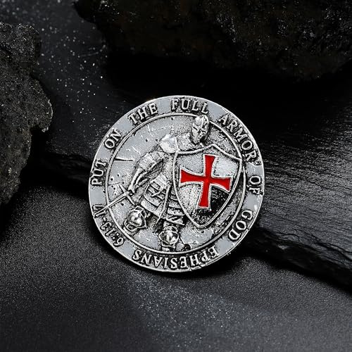 Image of Knights Templar Ephesians 6:13-17 Red Cross Design Round Brooch, Alloy, Gold-Plated and Silver-Plated