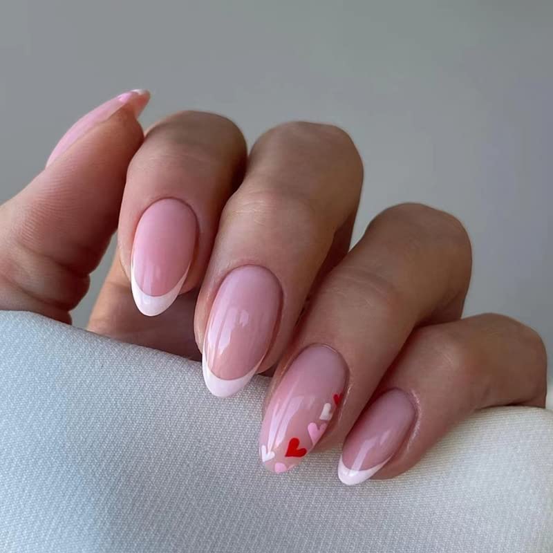 Valentine's Day Press on nails Short Almond Fake Nails Acrylic French Red White Pink Love Heart Design Fashion Romantic Valentine's day Nail