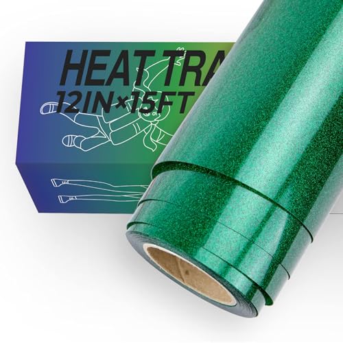 Image of HTVRONT Green Glitter HTV Vinyl Roll-12 x 15FT Green Glitter Heat Transfer Vinyl for Shirts, Glitter Iron on Vinyl for All Cutting Machines,Easy to Cut for Heat Vinyl Design