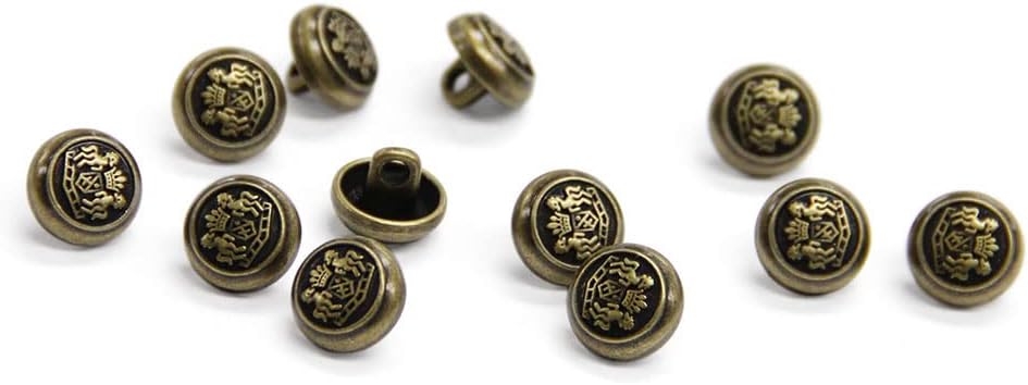 Set of 12 Tiny Metal Crest Buttons, Antique Brass, Made in China