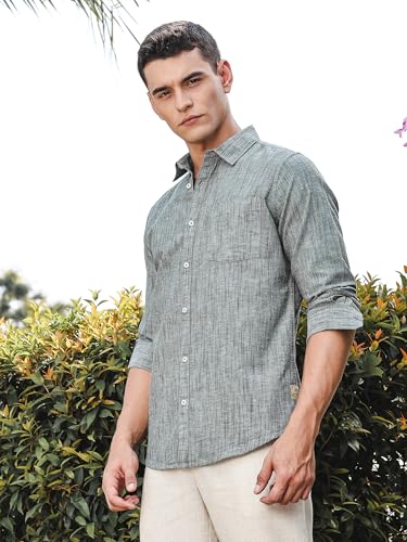 Image of Thomas Scott Men's | Solid | Premium Linen Blend | Spread Collar | Summer Wear | Long Sleeve | Shirts for Men