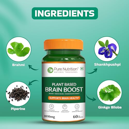 Image of Pure Nutrition Brain Supplements | Memory & Focus Plant Based Brain booster Capsules with Brahmi, Ginkgo Biloba & Shankhpushpi Extract | Supports Memory, Focus, Stress Relief & Cognitive Function - 60 Veg Capsules