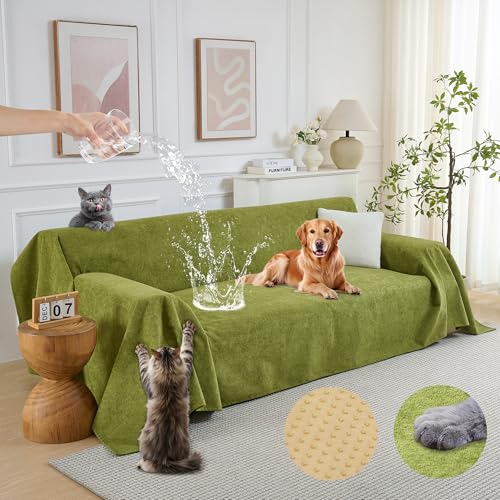 PuTian 100% Waterproof Couch Cover for Dogs - Anti-Scratch Washable Non Slip 2 Cushion Cover Blanket for L Shaped Sectional Recliner Chair Sofa Slipcover for Pet Cats Kids, 71''X134'' Boho Green