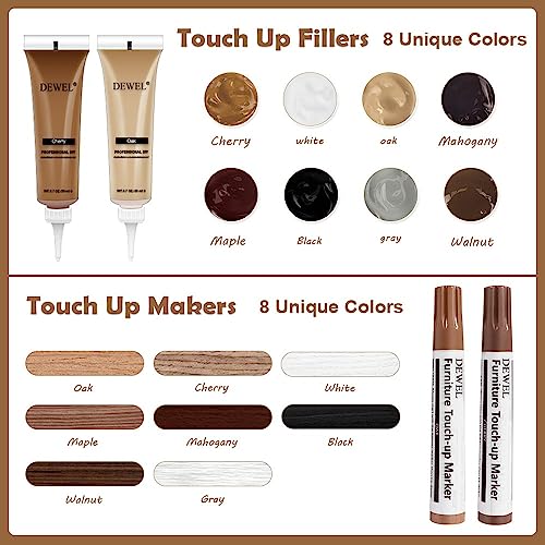 DEWEL Wood Furniture Repair Kit, 8 Colors Wood Fillers and Touch Up Markers, Upgrade Wood Repair Kit, for Scratches Cracks - Image 2
