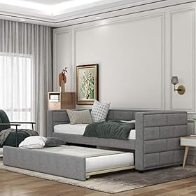 Polibi Twin Size Upholstered Daybed with Trundle, Upholstered Daybed with Padded Back and Sides, Grey 51REOUMK9CL. SS280