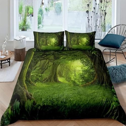 掛け布団カバー クイーン 森 全開ファスナー 抗菌防臭 防ダニ 通気性 洗い替え速乾 ポリエステル 布団カバー (210x210cm) + 2 枕カバー(43x63cm)