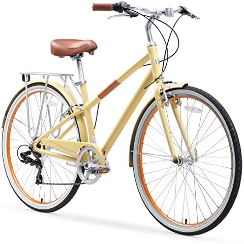 sixthreezero Reach Your Destination Women's Road Bike, 7 Speed Adult Hybrid Bicycle with Rear Rack, 28 Inch Wheels, Cream Cover