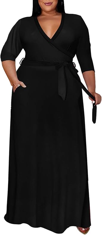 Runwind Plus Size Maxi Dress for Women 3/4 Sleeve Wrap Desses with Belt