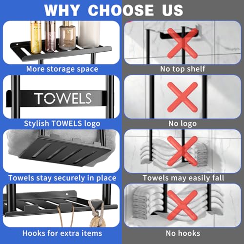 image for DwellDeal 2-Tier Wall-Mounted Towel Rack with Hooks & Shelf, Black Met