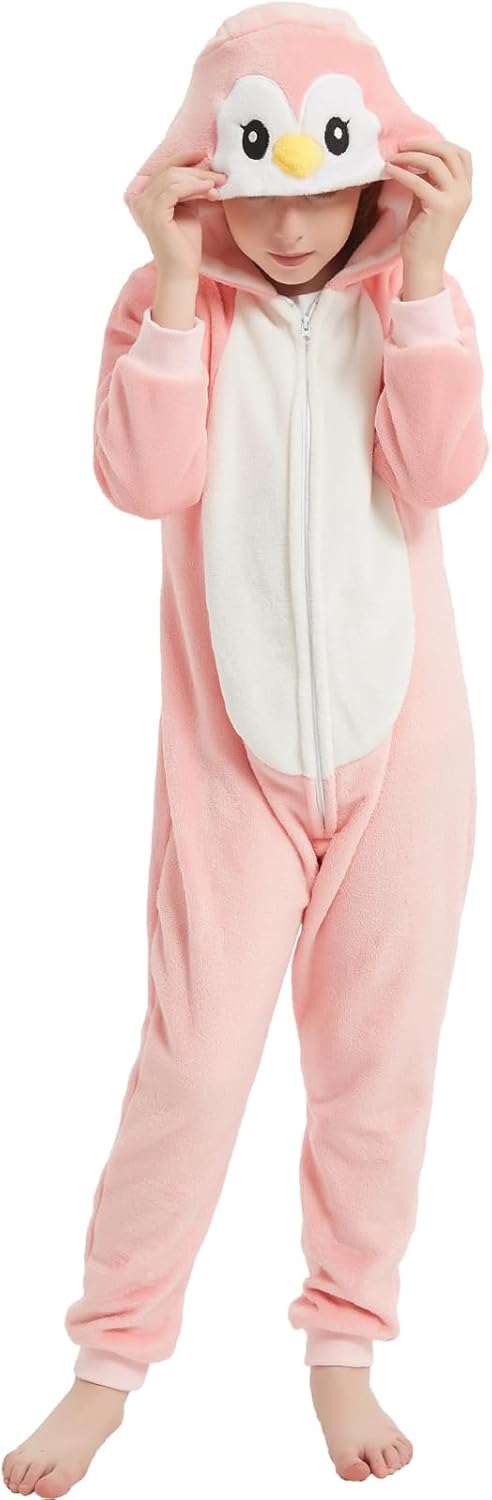 SWEETXIN Unise Kids Jumpsuit Cosplay Onesie One Piece Suit for Girls Boys Halloween Character Costume Dress Up Party 10 Years Pink Penguin