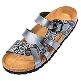 Palado® Damen Sandalen Kreta | Made in EU | Hausschuhe in vielen Farben | Pantoletten mit Natur Kork-Fussbett und angenehm weichem Fußbett | Sohle aus feinem Velourleder Print Silber 3 41 EU