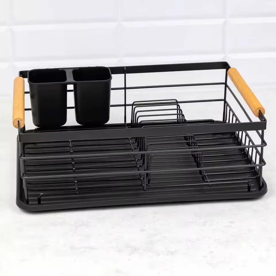 Black Metal Dish Rack with Wooden Handles, Draining Tray, Utensil Holder, and Plate Organizer