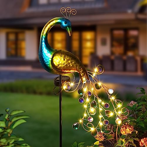 Lohoom Metal Peacock Garden Solar Lights, 300mAh Outdoor Decorative Garden Stake Lights Metal Peacock Decor Solar Garden Lights Solar Peacock Stake for Outdoor Patio Yard Decorations, (DE-8)