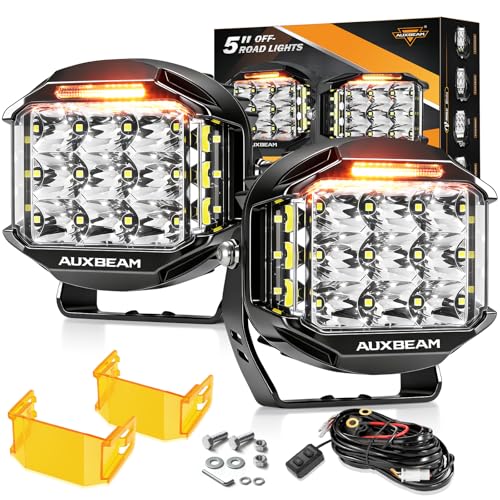 Image of Auxbeam 5 inch 168W Round LED Offroad Light Pod with Amber DRL, V-MAX Series 16440LM Side Shooter LED Offroad with 270 Beam & Amber Covers, Auxiliary Driving Light for Truck ATV Jeep Ford