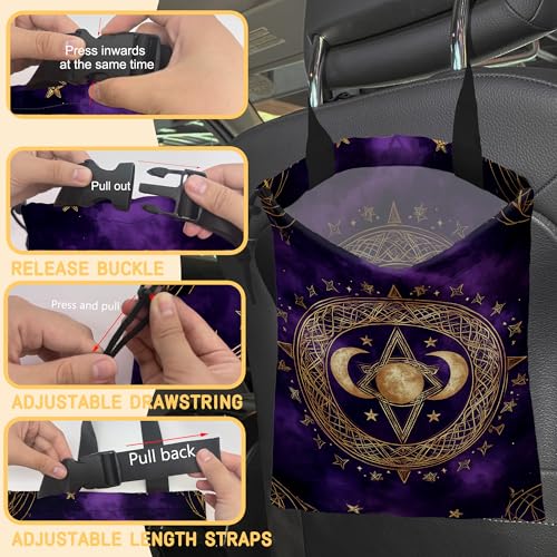 Image of Moon and Star Car Trash Bag,Purple Crescent Moon Hanging Drawstring Car Garbage Bag,Canvas Car Back Seat Organizer with Adjustable Buckle for Men and Women