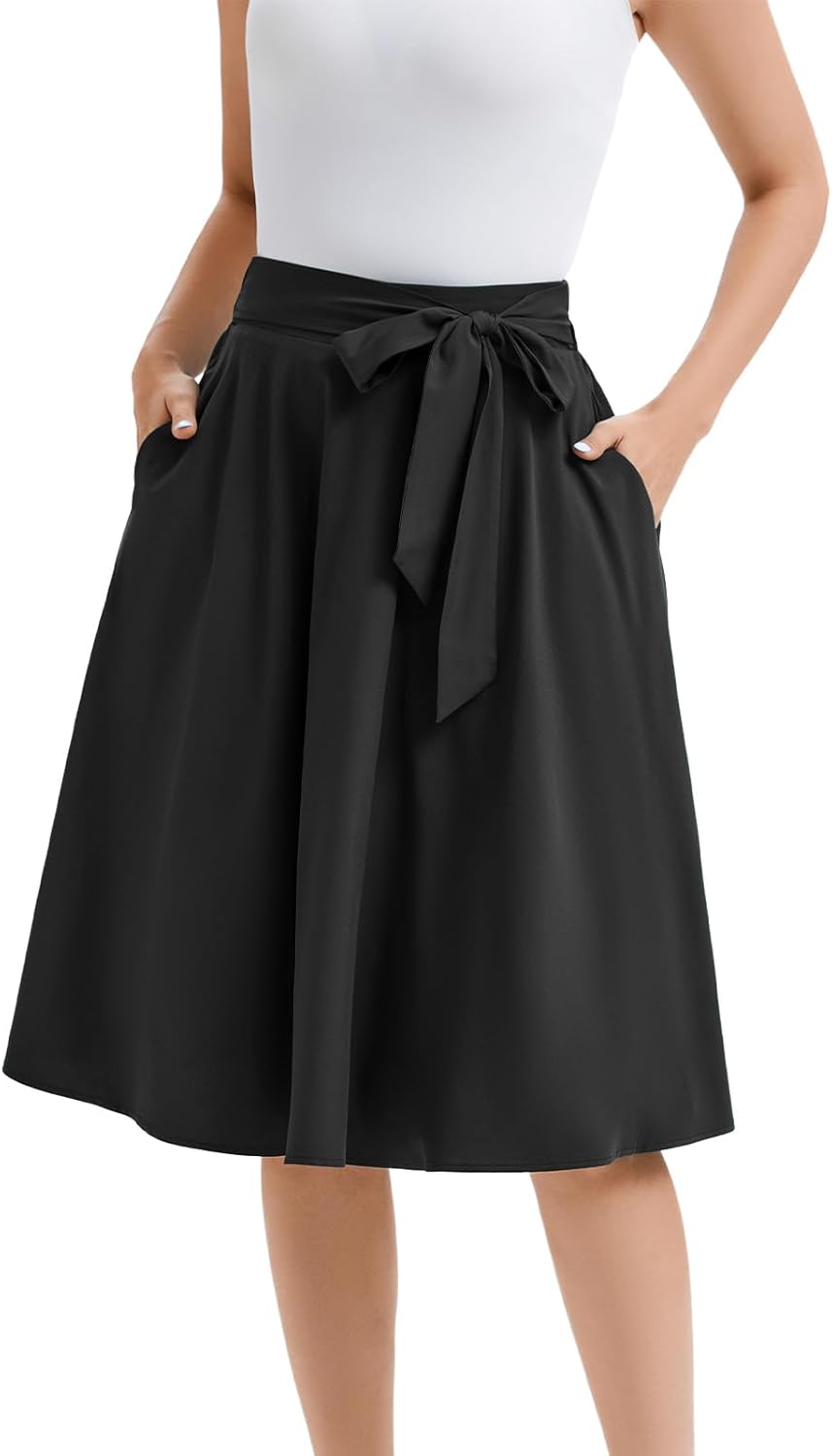Bbonlinedress Womens Vintage Summer Casual A-line Midi Skirt Elastic Wide Waist Flared Skirt with Belt - Image 2