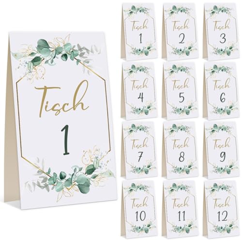 1-12 Tischnummern Hochzeit Hochzeit Tischnummern 12 Stück Vintage-Tischkarten Tischkarten Taufe Kommunion Eukalyptus Einfach