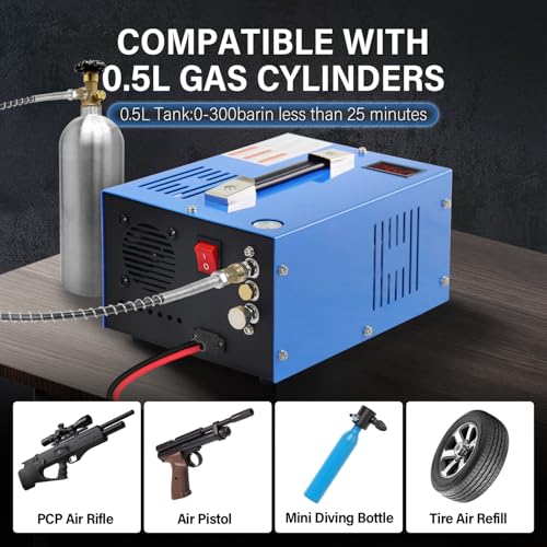 Image of Portable PCP Air Compressor 4500 PSI / 30 MPa: Built-In Transformer & Fan, Oil /Water-Free, One-Button Start, for Air Rifles, Dive Tanks, & Compressors, Supports 110VAC Home & 12VDC Vehicle Power.