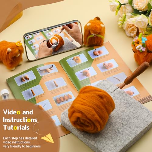 Zlulary Needle Felting Kit, Felting Kit, Cow Needle Felting Kit Wool Felting Kit for Beginner with Felting Supplies Includes Wool Roving, Felting Pad, Felting Needles and Instruction