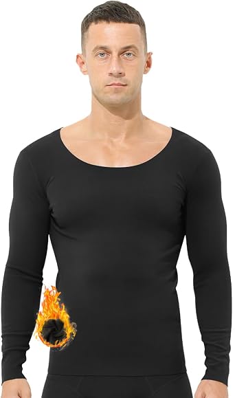 Ouruikia Mens Thermal Underwear Tops Fleece Lined Thermal Shirts Undershirt Crew Top Base Layer Shirt