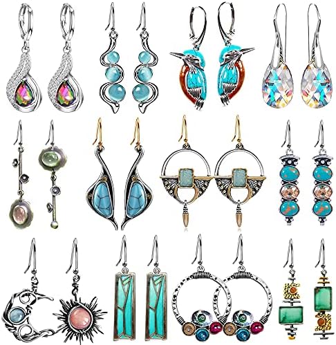 Zinc 12 Pairs Boho Jewelry Crystal CZ Earrings Set Retro Statement Leaf Water Drop Dangle Earrings for Women Girls