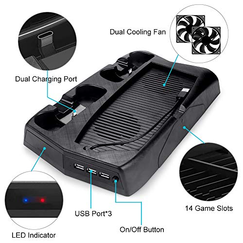 PS5 Stand Cooling Fan Station for Playstation 5/PS5 Digital Edition/PS5 Ultra HD Console, RIOROO PS5 Digital Edition Vertical Stand with Dual Controller EXT Port Charger Dock Station and 14 Game Slots