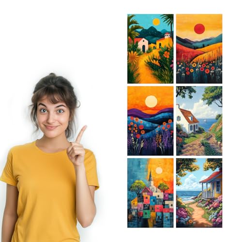 Image of SiddArtify Coastal Landscape Wall Art Prints Set - Colorful House Poster Decor for Living Room Bedroom Office - 12x18 inch Sticker Pack of 6