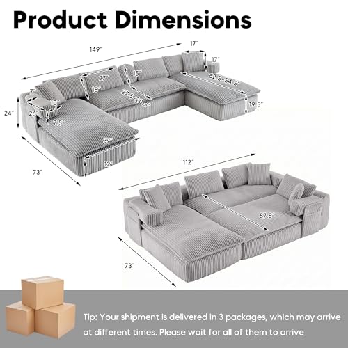 Image of Oversized Cloud Boneless Couch with Chaise, 149 inch Modern U Shape Modular Deep Seat Sectional Sofa, Comfy Corduroy Upholstered Couches for Living Room, No Assembly Required, Light Grey