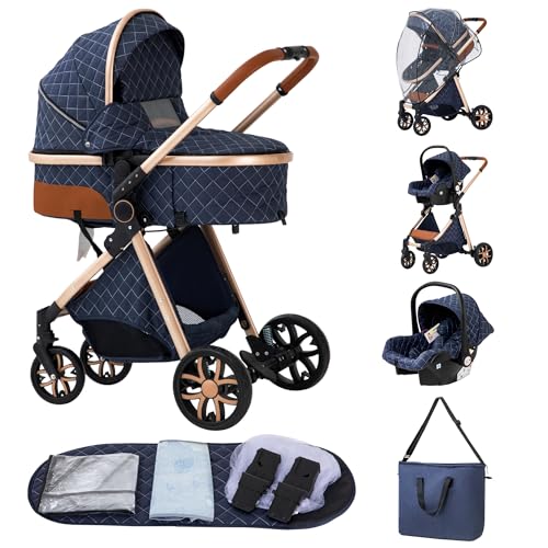 ALYIKOU Carrito Bebe,Carrito Bebe 3 en 1,Adecuado Para 0 3 añOs, Carga MáXima de 25 Kg, Sistema de Carro Bebe Viaje Plegable, Incluidos Adaptadores de Accesorios (3 in 1 LV9 Azul)