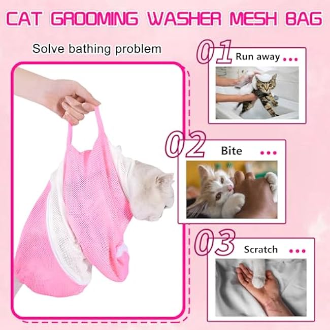 FANOVO Cat Bathing Bag, Anti-Scratch & Anti-Bite Adjustable Mesh Cat Shower Bag with Nail Clipper, Grooming Comb, Bath Brush & Nail File, Breathable Cat Washing Bag for Bathing, Nail Trimming-MIRjIB02