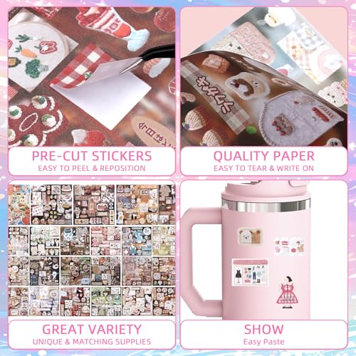 Image of 800Pcs Cute Scrapbook Stickers Travel Y2k Japanese Sticker Book for Adult Kawaii Korean Stickers for Journaling Heisei Retro Aesthetic Sticker Manga Style Decor for DIY Crafts Junk Journal Gifts Brown