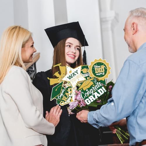 Image of 2026 Graduation Party Decorations - 24 Pcs Class of 2026 Congrats Grad Table Centerpieces Graduation Table Decorations Sticks Table Toppers for Graduation Party (Green Gold)