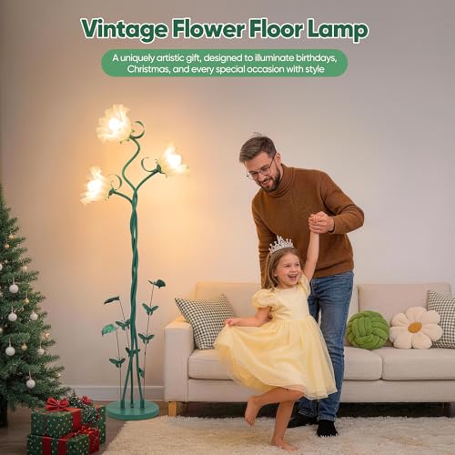 Image of TOBUSA Flower Floor Lamp for Living Room Bedroom, 3-Light Cute Vintage Standing Lamp with Flexible Gooseneck, 67'' Tall Green Floral Stand Up Lamp, Modern Unique Flower Corner Lamp for Reading Nursery