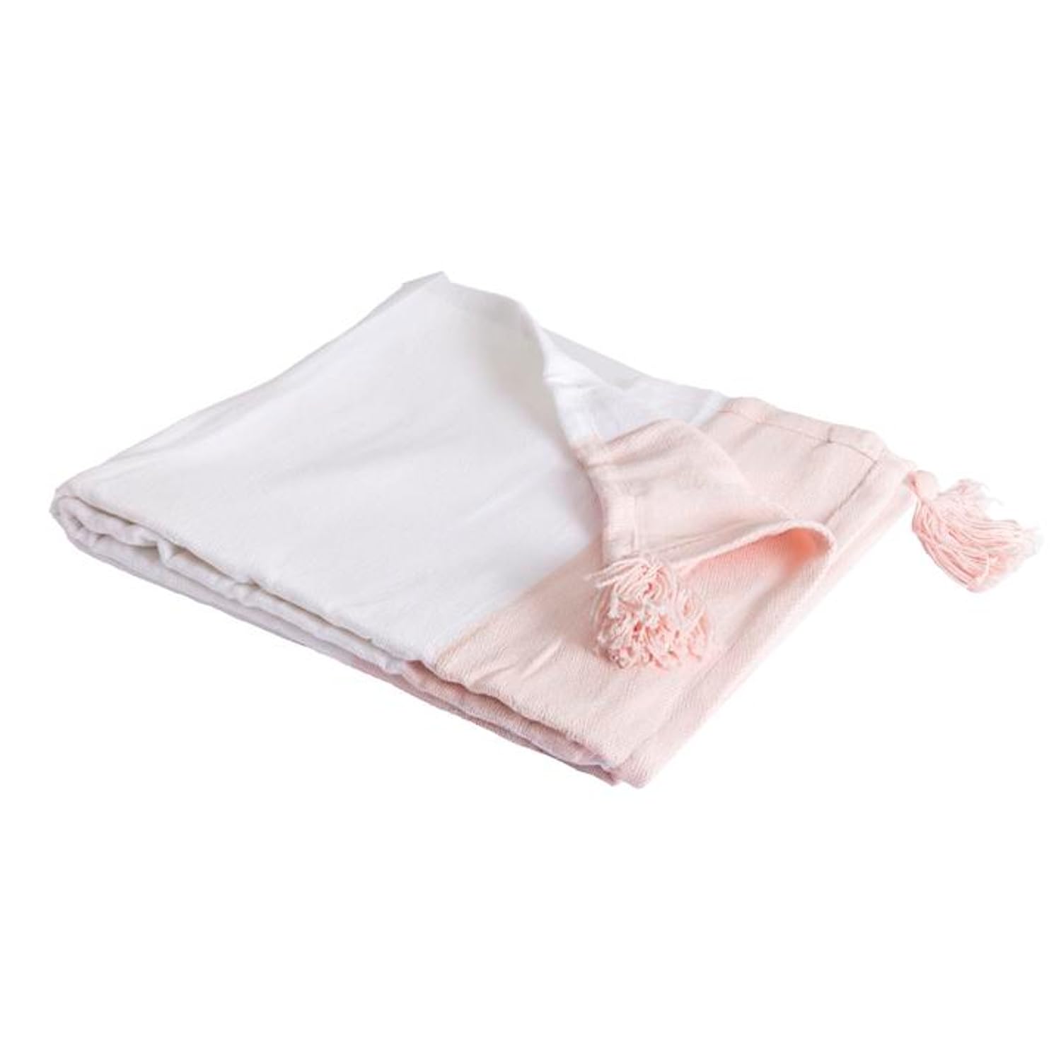 Plaid 130x170 cm rose et blanc en coton naturel avec franges
