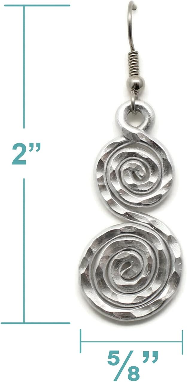 Pillar of Salt Studio Handcrafted Earrings in Silver-tone Hammered Aluminum and Stainless Steel Double Spiral (1-1/4" drop)