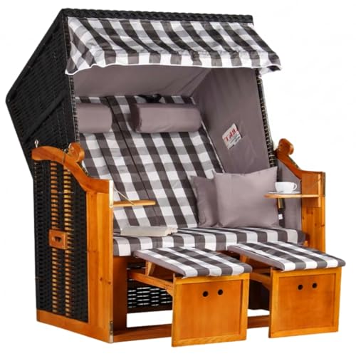 MR. DEKO Strandkorb Ostsee Wacholder PE Schwarz | 2 Sitzer wetterfest | Volllieger Hartholz Zweisitzer | Roofed Wicker Beach Chair Garten | Strandkörbe Balkon | Strandstuhl (Dessin Grau Kariert)