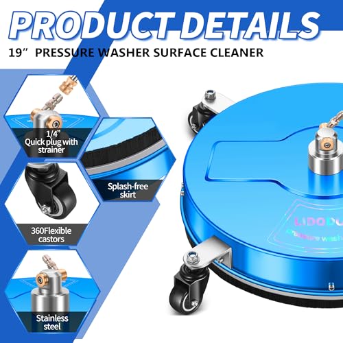Image of LidoDola 19'' Pressure Washer Surface Cleaner with 4 Wheels - Stainless Steel Surface Cleaner for Pressure Washer Attachment for Concrete, Driveway, Patio, Sidewalk, Deck and Driveways (19 INCH Blue)