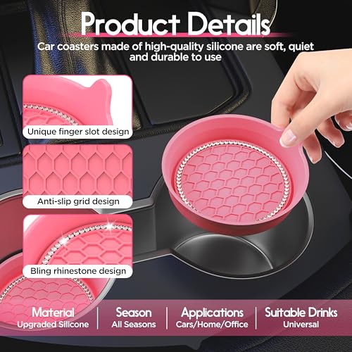 Image of Amooca Car Cup Coaster Universal Non-Slip Cup Holders Bling Crystal Rhinestone Car Interior Accessories 4 Pack Peach Pink