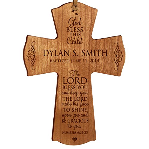 Image of Personalized Baptism Gifts for Boys Baby Dedication Gifts For Baby Boy Baptism Keepsake Personalized 1st Holy Communion Christening Custom Wall Cross Decoration God Bless This Child the Lord Bless You and KeepsYou (4.5 inch X 6 inch, Cherry)